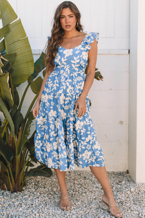 Sky Blue Floral U Neck Flutter Shoulder Tiered Flowy Midi Dress Two Sides of Nature Too Sky Blue Floral U Neck Flutter Shoulder Tiered Flowy Midi Dress Two Sides of Nature Too