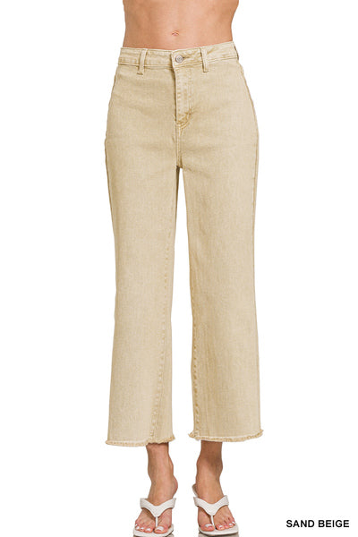 ACID WASHED HIGH WAIST FRAYED HEM STRAIGHT PANTS