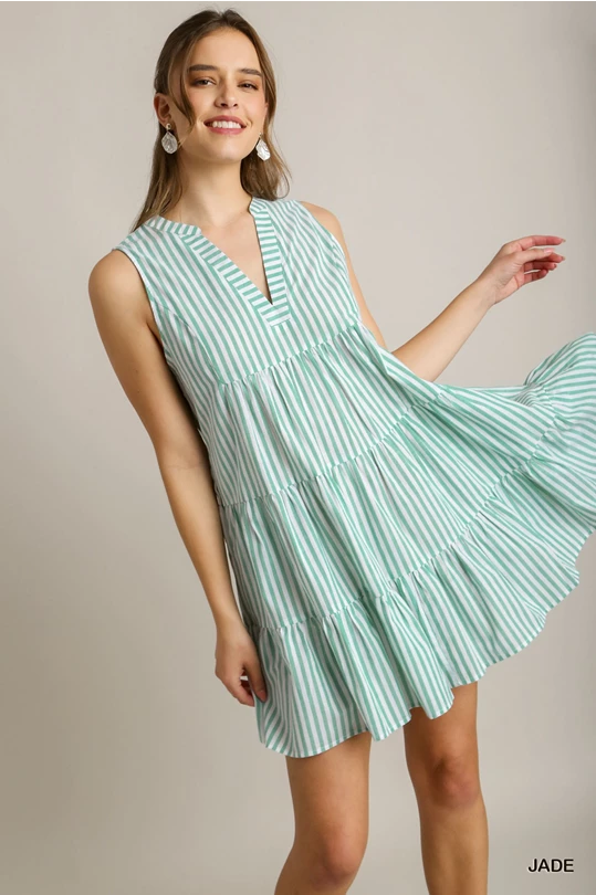 Cotton Stripe Dress Notched Neckline Side Pocket