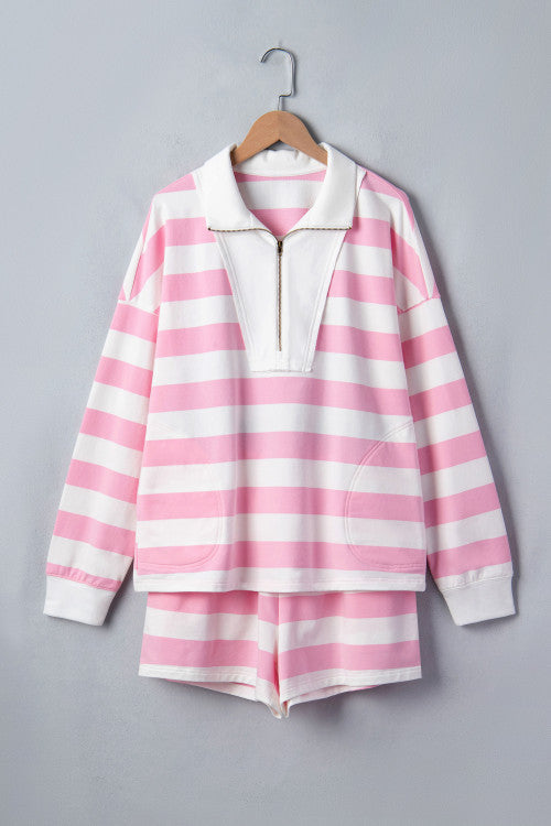 Pink Stripe Patchwork Zipper Pullover Set