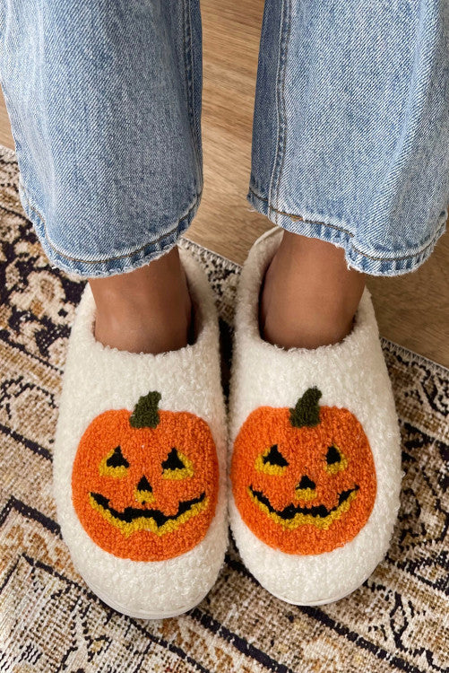 Pumpkin Print Plush Slippers