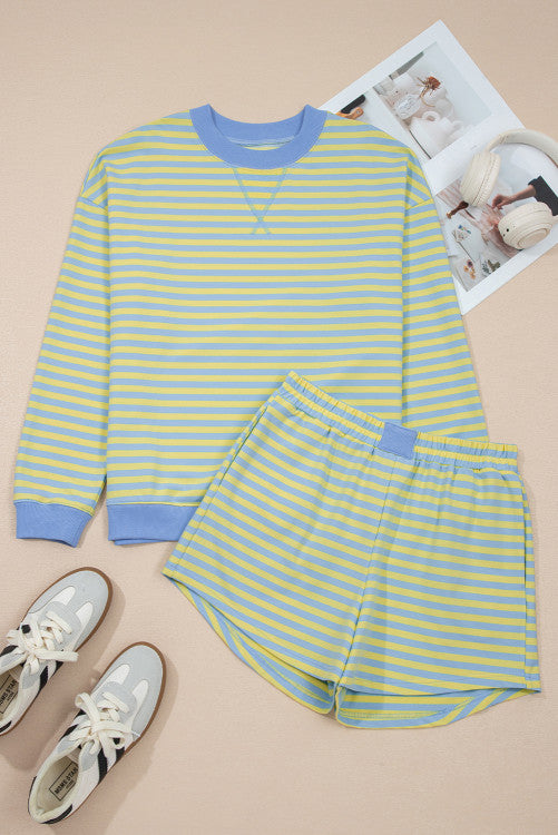 Yellow Stripe Color Block Detail Long Sleeve Pullover Elastic Waist Pull On Shorts