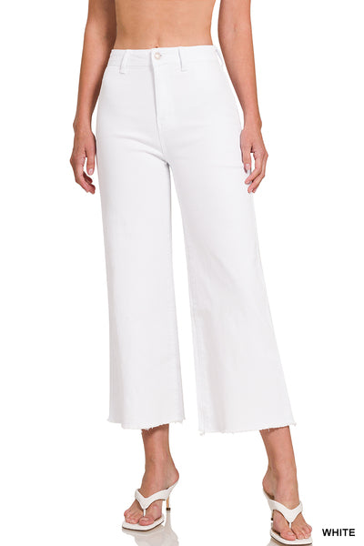 ACID WASHED HIGH WAIST FRAYED HEM STRAIGHT PANTS