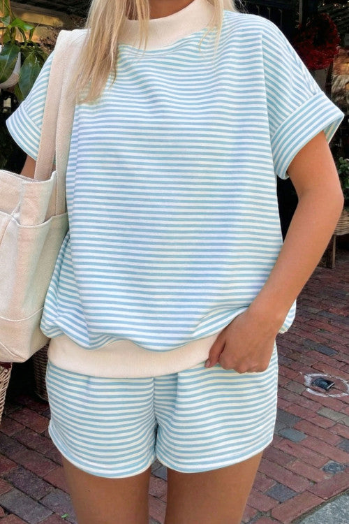 Stripe Cuffed Sleeve Contrast Mock Neck Tee