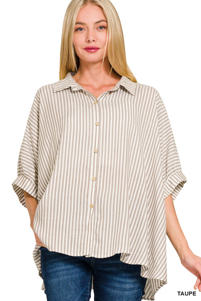 RAYON STRIPED SHORT SLEEVE BUTTON UP SHIRT