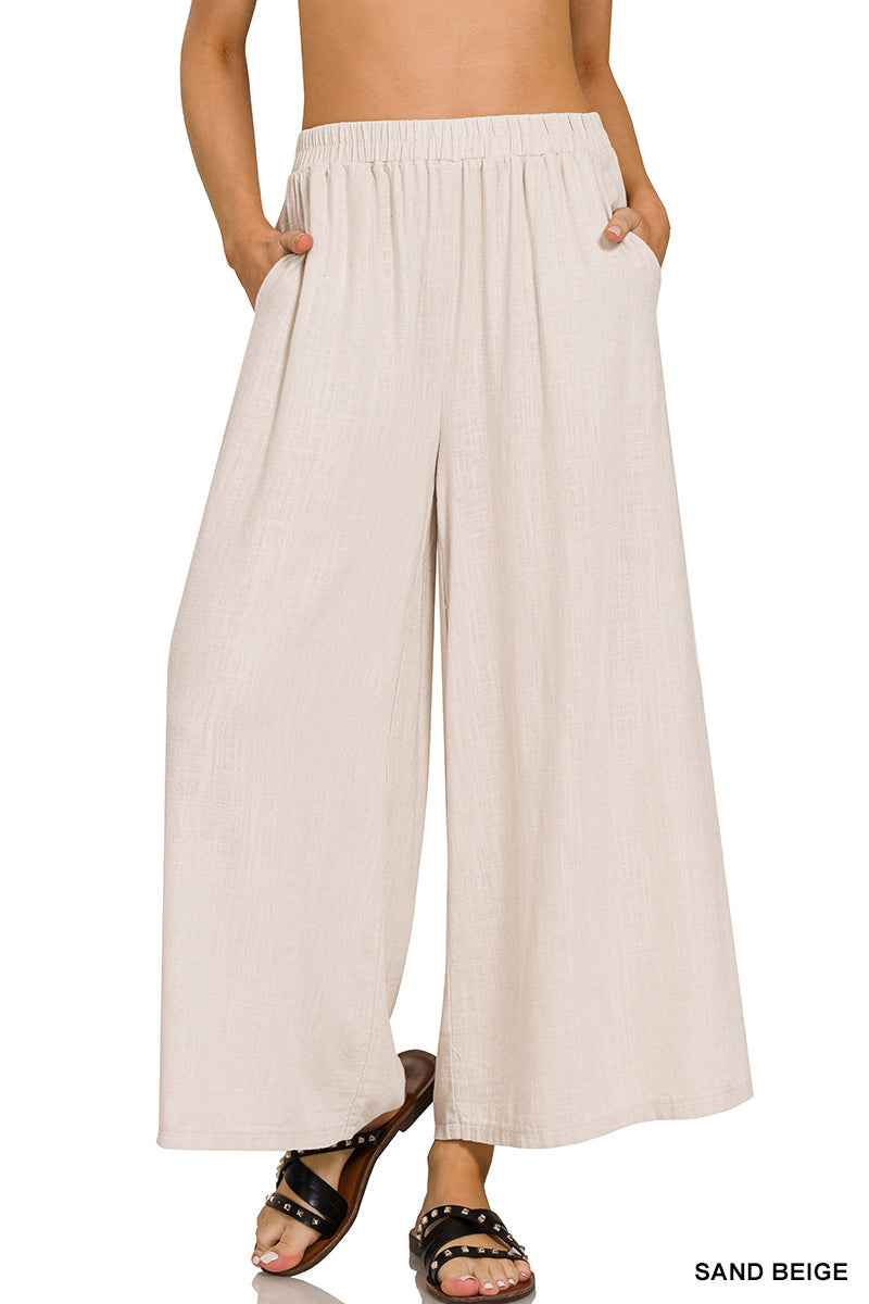 Woven pleated linen blend wide leg pants
