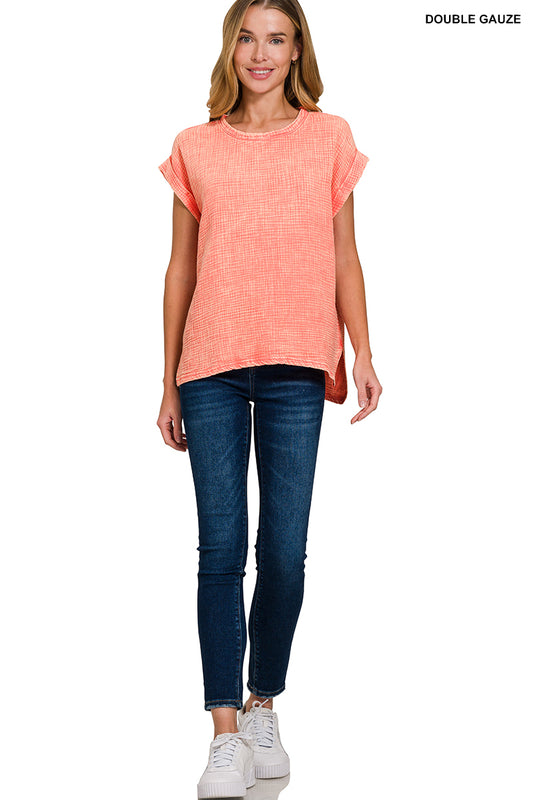 Woven gauze acid washed short sleeve top