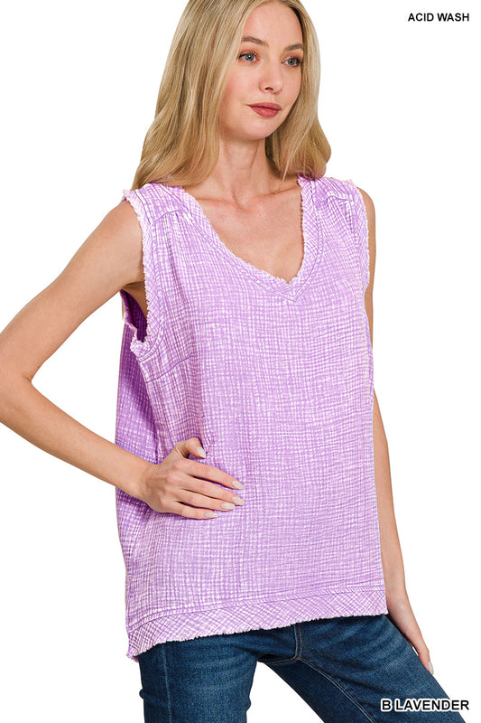 Gauze raw edge acid washed tank top