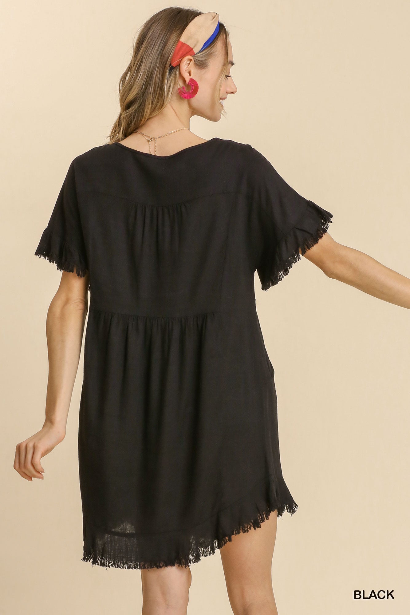 Linen Blend Round Neck Lining Detail Pocket Dress with Frayed Hem
