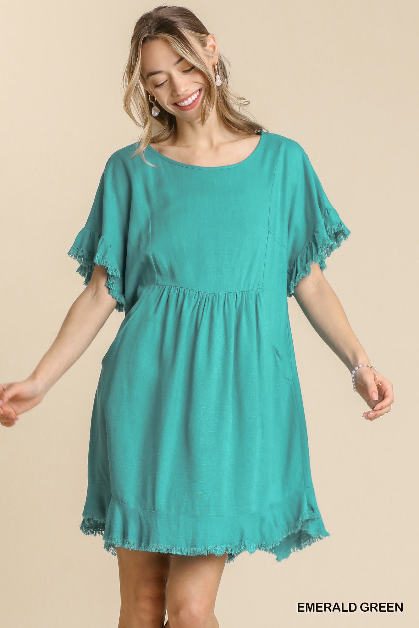 Linen Blend Round Neck Lining Detail Pocket Dress with Frayed Hem