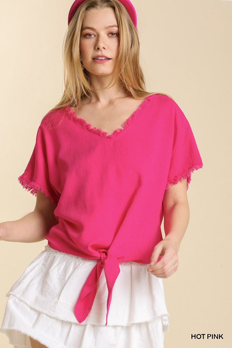 Linen Blend Frayed V-Neck and Short Sleeve Top with Front Tie-able Knot