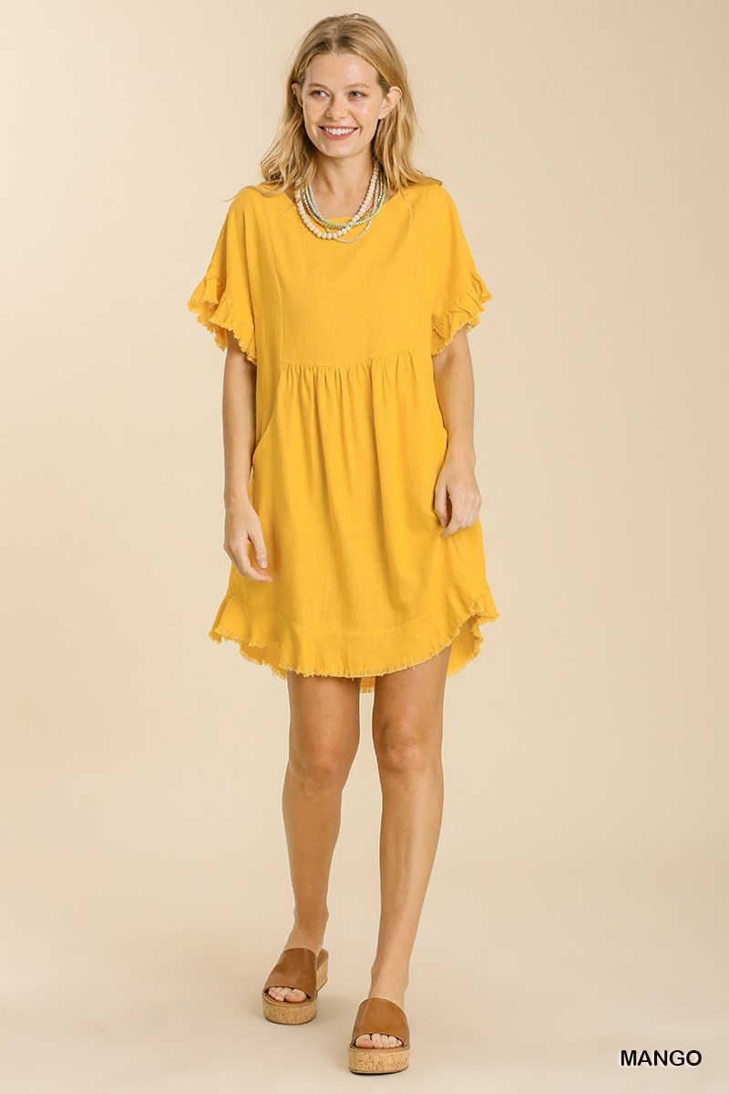 Linen Blend Round Neck Lining Detail Pocket Dress with Frayed Hem