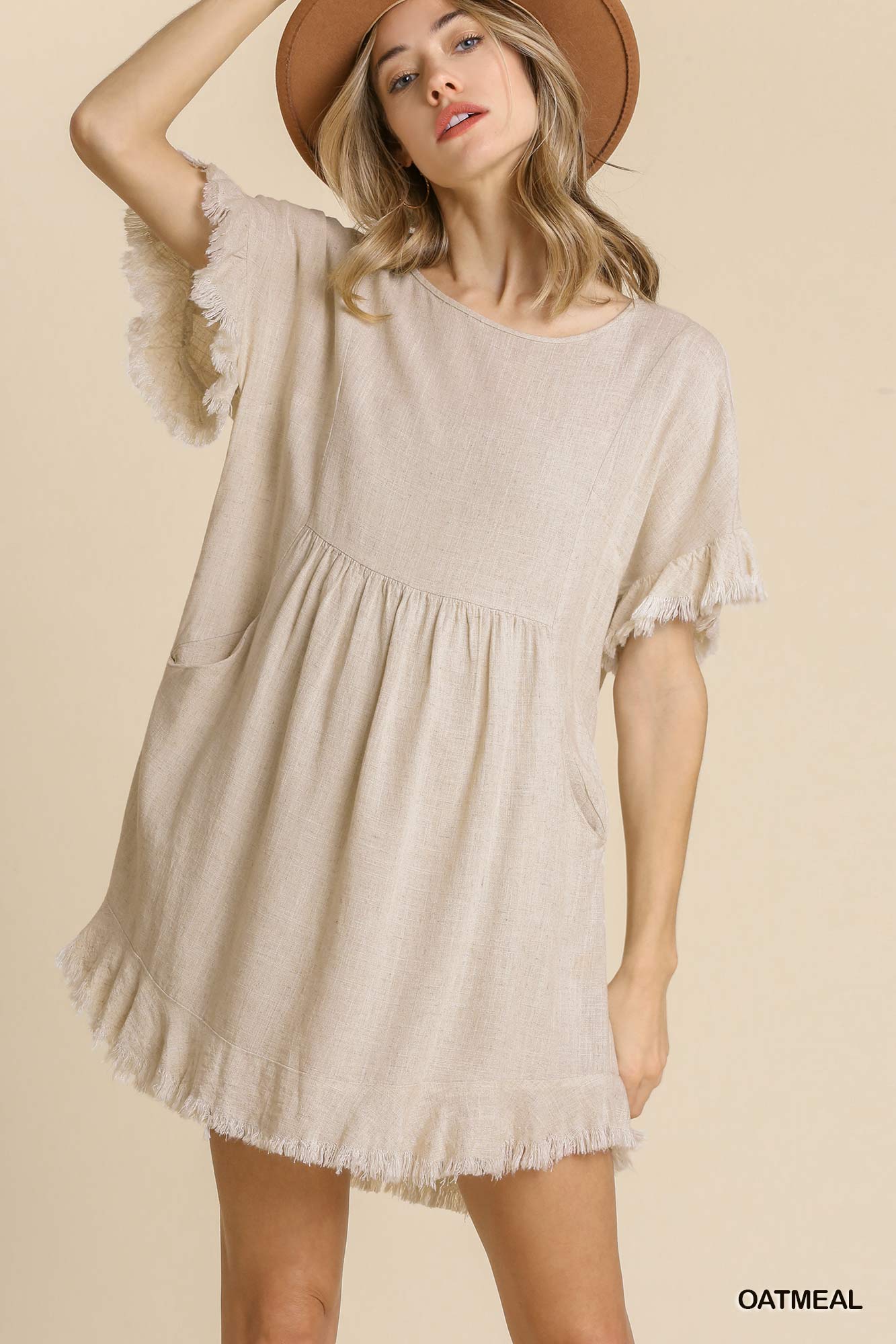 Linen Blend Round Neck Lining Detail Pocket Dress with Frayed Hem