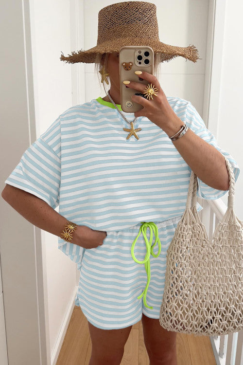 Stripe Contrast Neck Loose Tee and Drawstring Shorts Set
