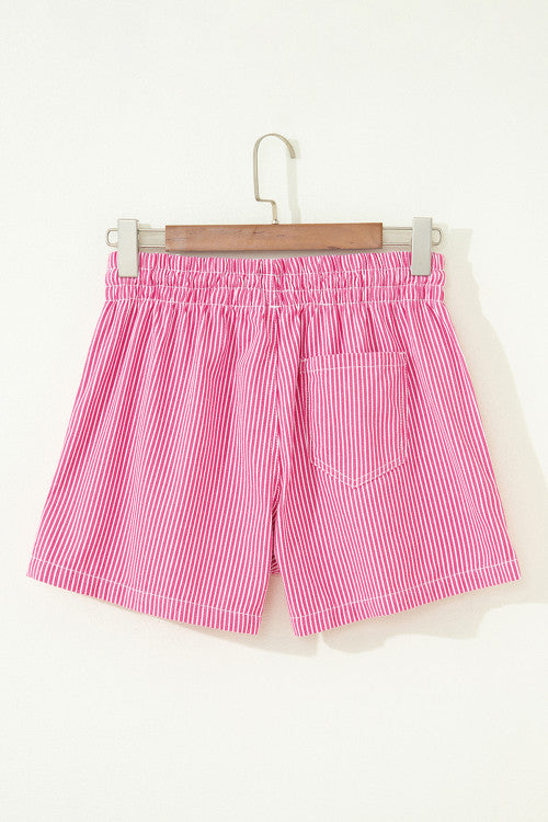 Pink Stripe Drawstring Elastic Waist Casual Denim Shorts