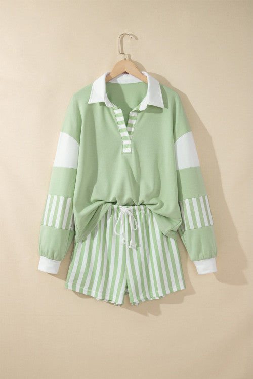 Striped Color Block Pullover Top with Drawstring Shorts