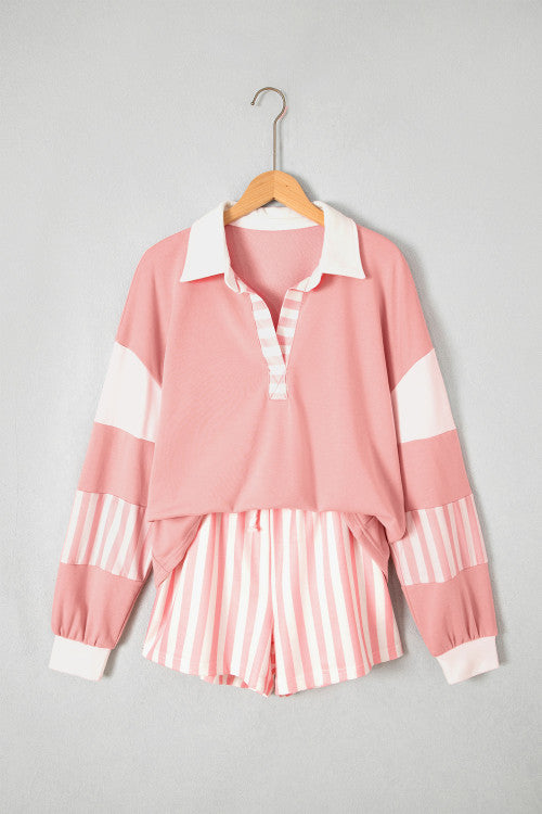 Striped Color Block Pullover Top with Drawstring Shorts