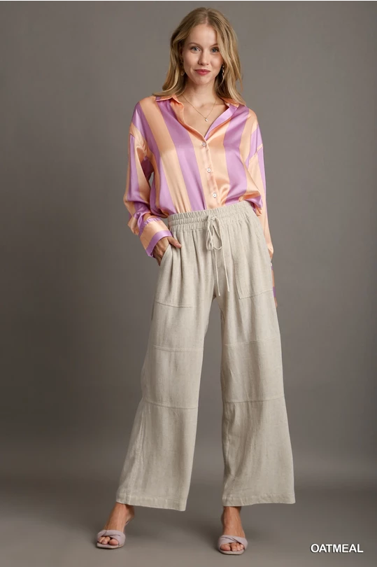 Linen Blend Elastic Waistband Pants with Drawstring & Pocket Details