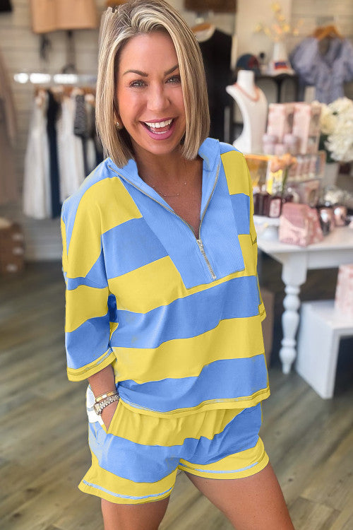 Stripe Seam Detail Half Zip Tee Casual Shorts Set