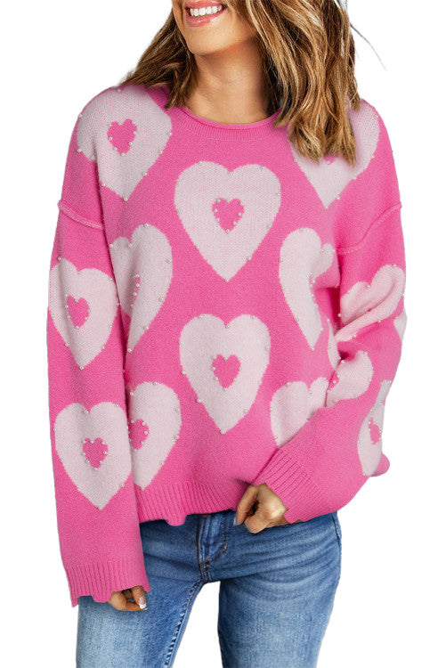 Pearl Beaded Heart Drop Shoulder Sweater