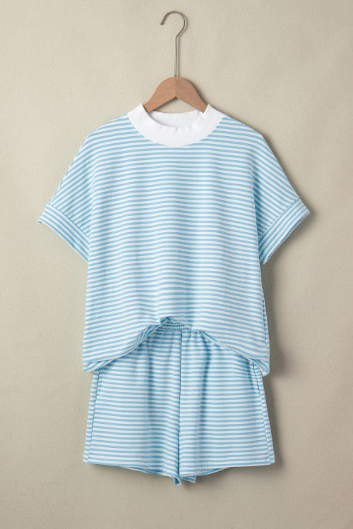 Stripe Cuffed Sleeve Contrast Mock Neck Tee