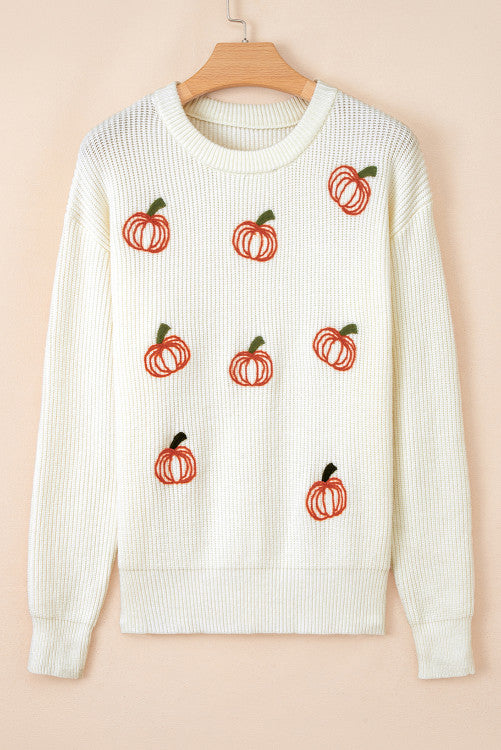 Beige Pumpkin Embroidered Ribbed Holiday Sweater