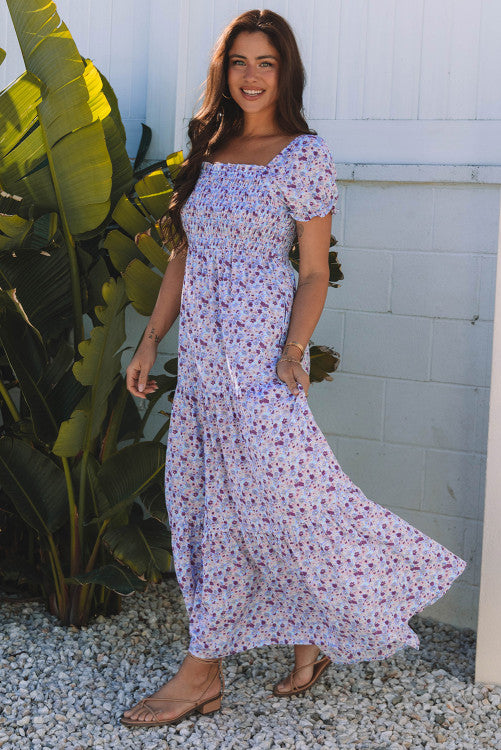 Purple Floral Short Bubble Sleeve Shirred High Waist Maxi Dress Two Sides of Nature Too Purple Floral Short Bubble Sleeve Shirred High Waist Maxi Dress Two Sides of Nature Too