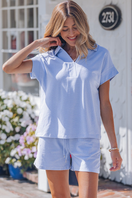 Stripe Dolman Sleeve Polo Shirt and Drawstring Shorts Set