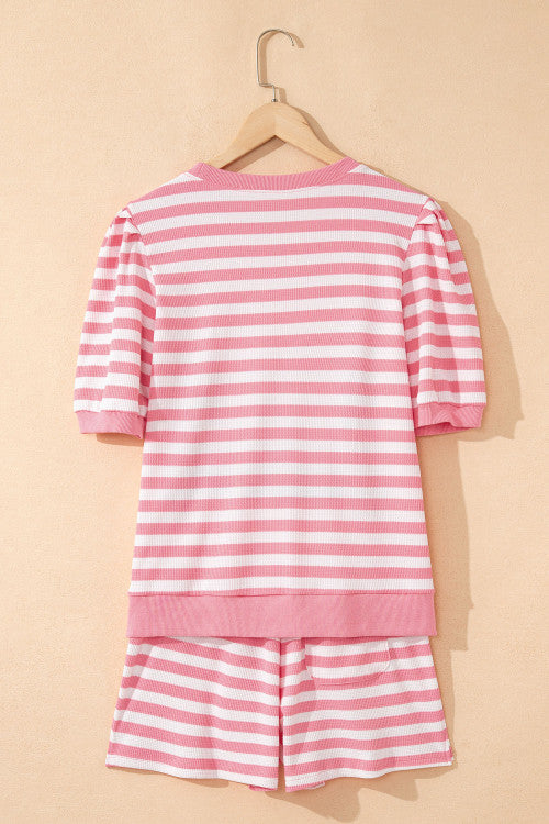 Stripe Puff Short Sleeve T Shirt Matching Shorts Set