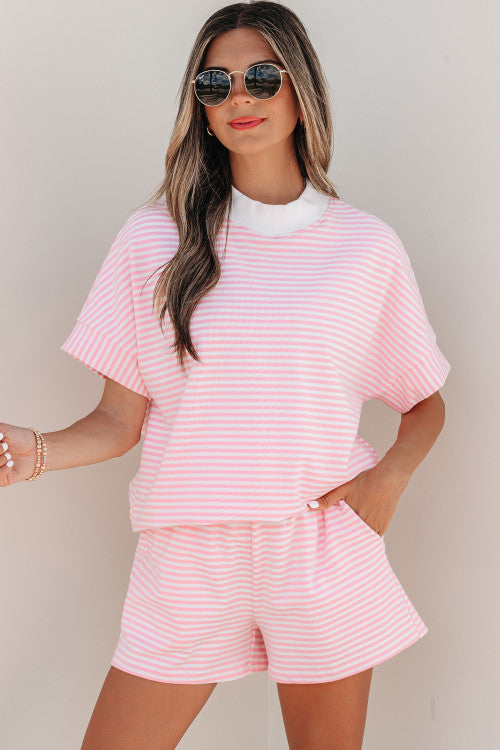 Stripe Cuffed Sleeve Contrast Mock Neck Tee set
