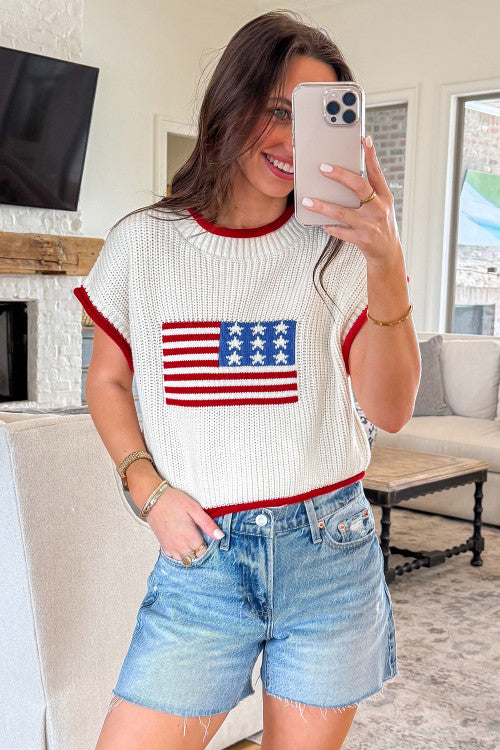 Flag Print Cropped Short Sleeve Sweater