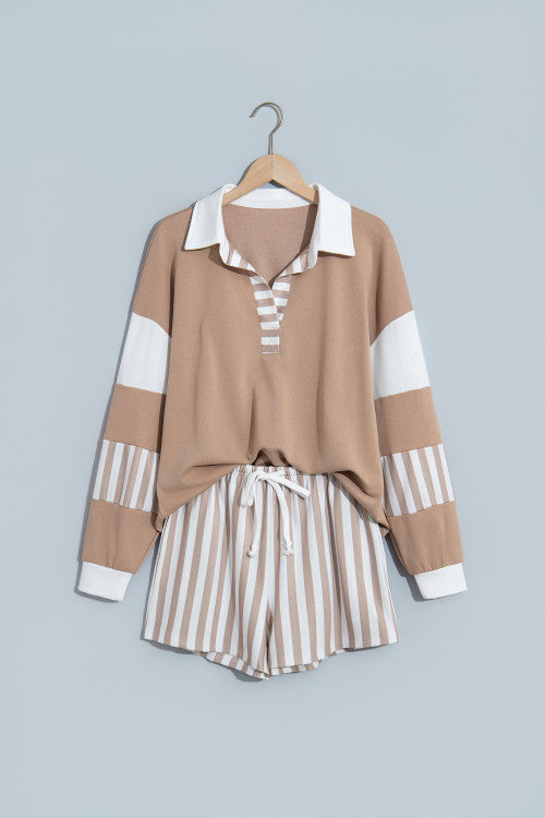 Striped Color Block Pullover Top with Drawstring Shorts
