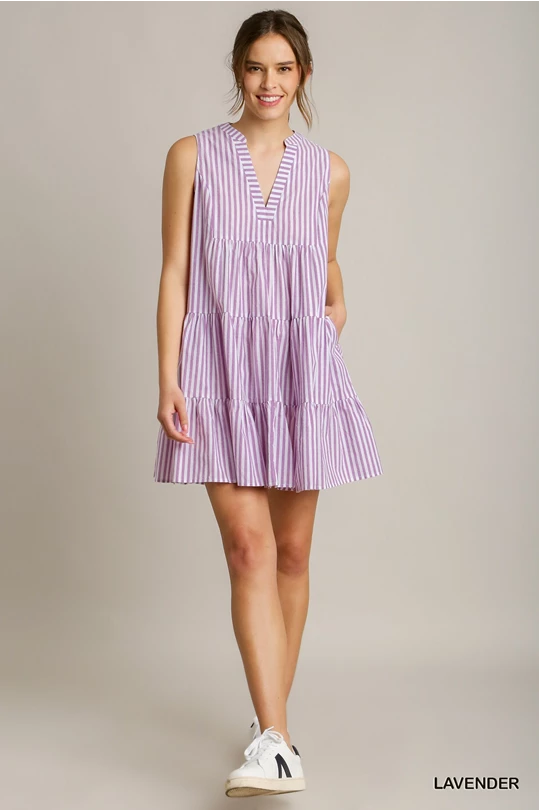 Cotton Stripe Dress Notched Neckline & Side Pocket