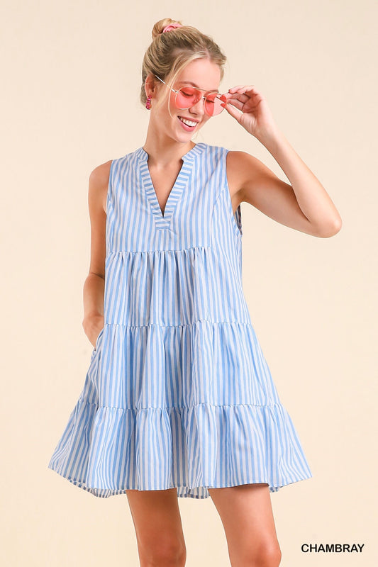 Cotton Stripe Dress Notched Neckline & Side Pocket