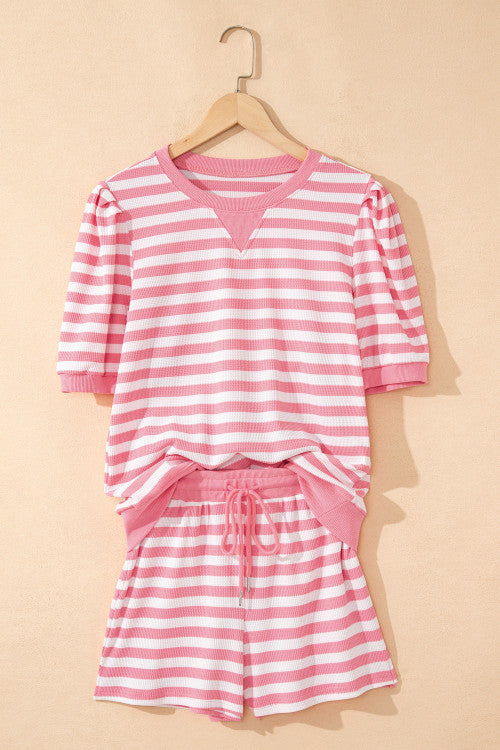 Stripe Puff Short Sleeve T Shirt Matching Shorts Set