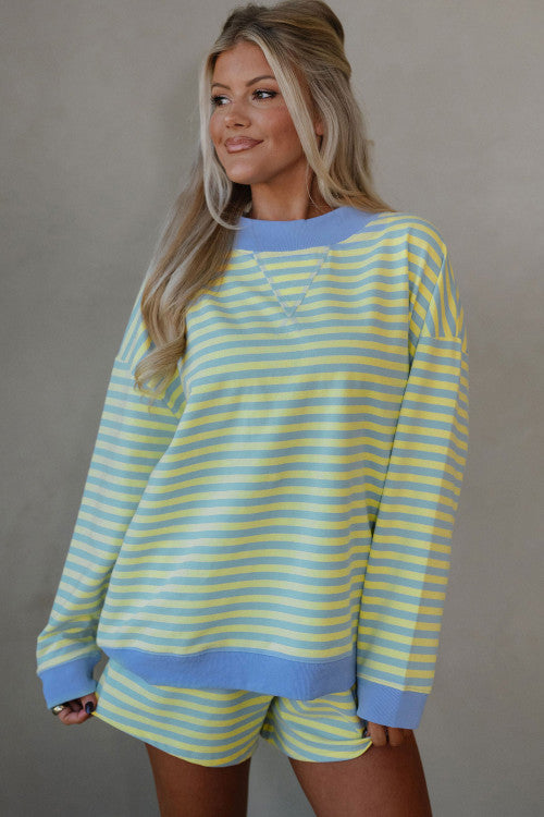 Yellow Stripe Color Block Detail Long Sleeve Pullover Elastic Waist Pull On Shorts