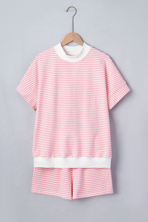 Stripe Cuffed Sleeve Contrast Mock Neck Tee