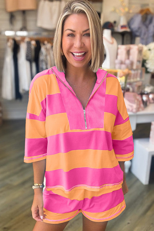 Stripe Seam Detail Half Zip Tee Casual Shorts Set