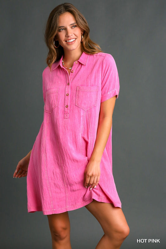 Snow Wash Button Down Shirt Dress with Pockets