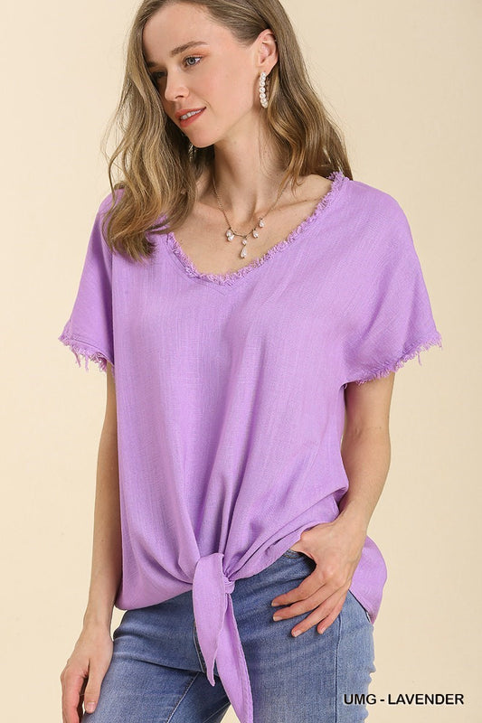 Linen Blend Frayed V-Neck and Short Sleeve Top with Front Tie-able Knot