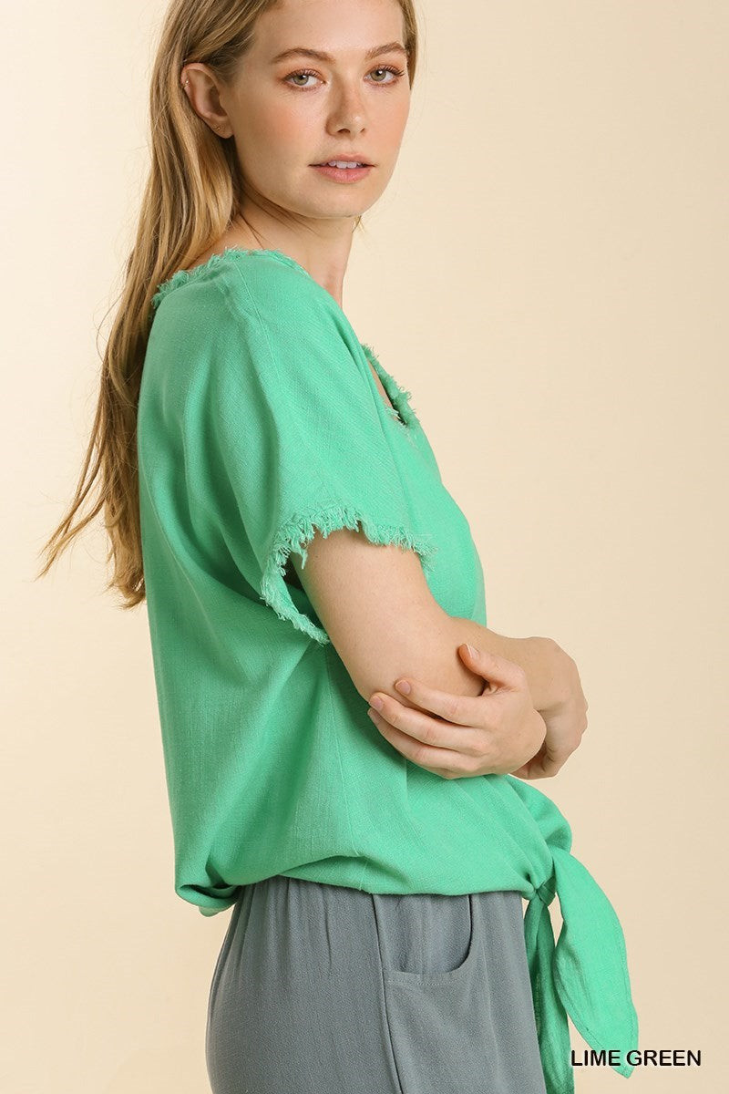 Linen Blend Frayed V-Neck and Short Sleeve Top with Front Tie-able Knot