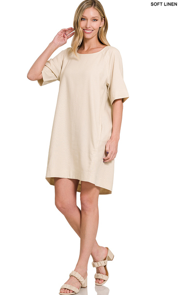 Linen Short Sleeve Dress With Side Pockets