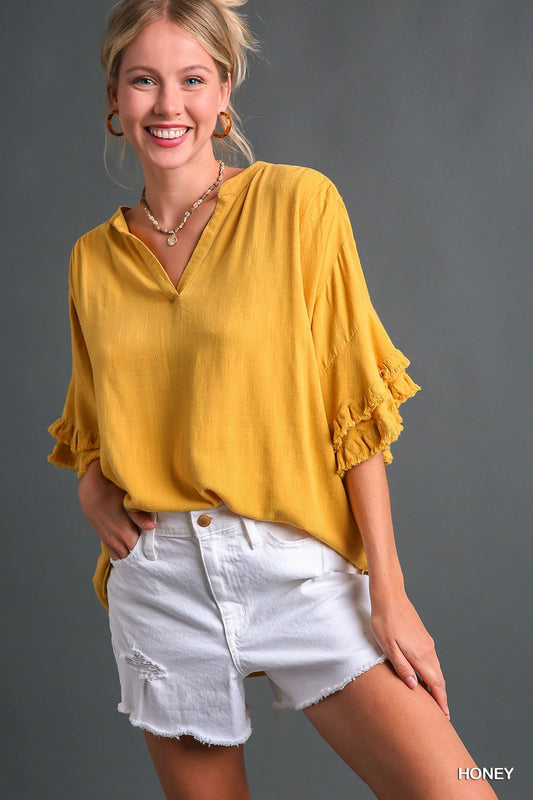 Linen V-Notched 3/4 Ruffle Frayed Hem Sleeve