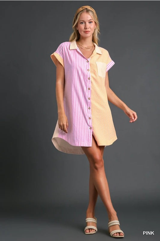 Mixed Colorblock Stripe Button Down Dress with Chest Pocket