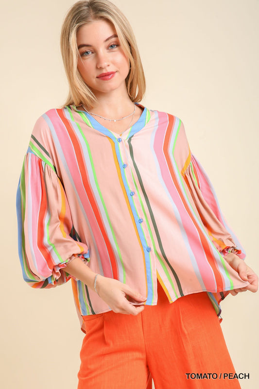 Multi Color V-Notched 3/4 Long Sleeve & High Low Hem