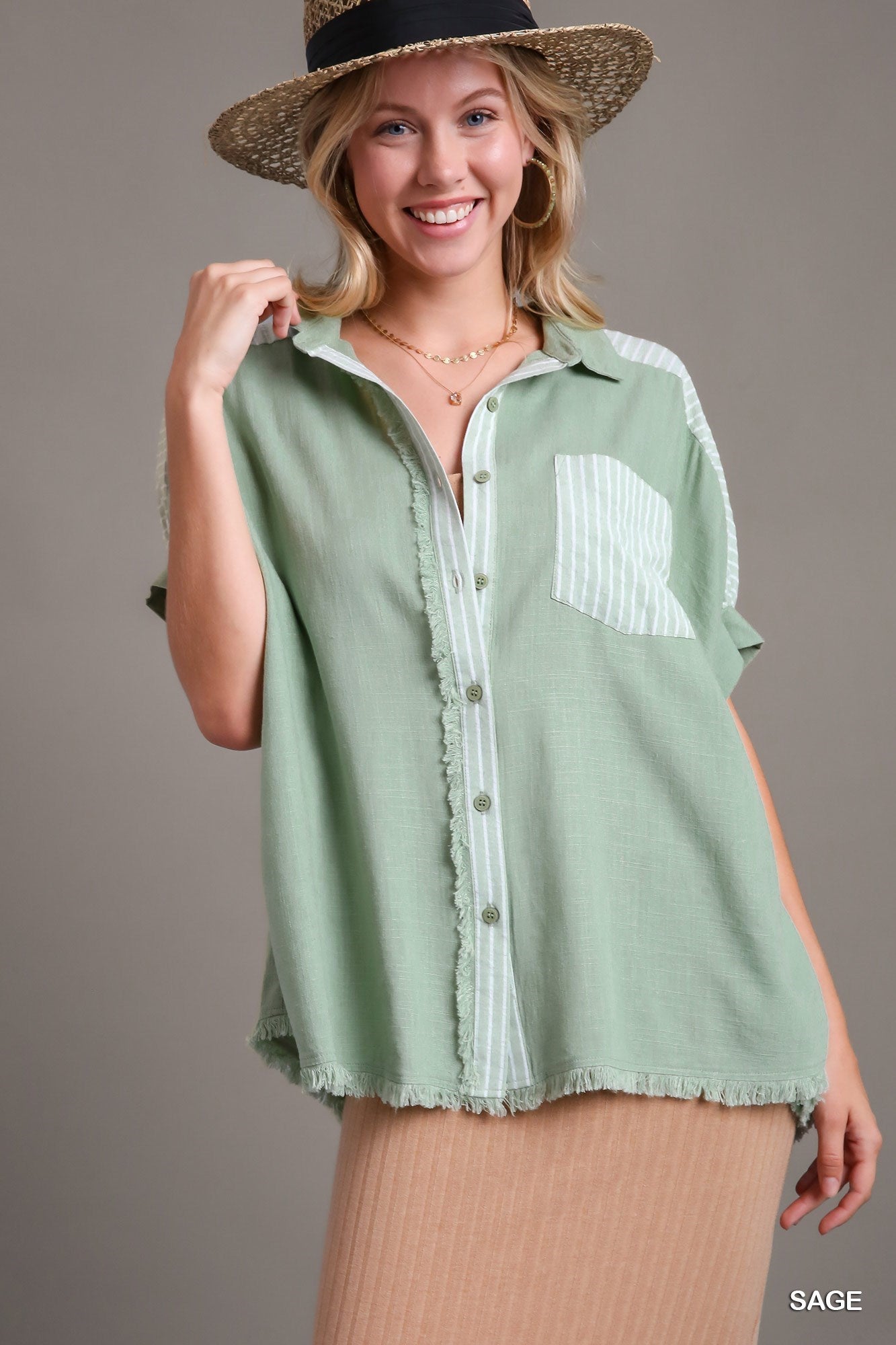 Linen Button Down Stripped Detail Top with Chest Pocket