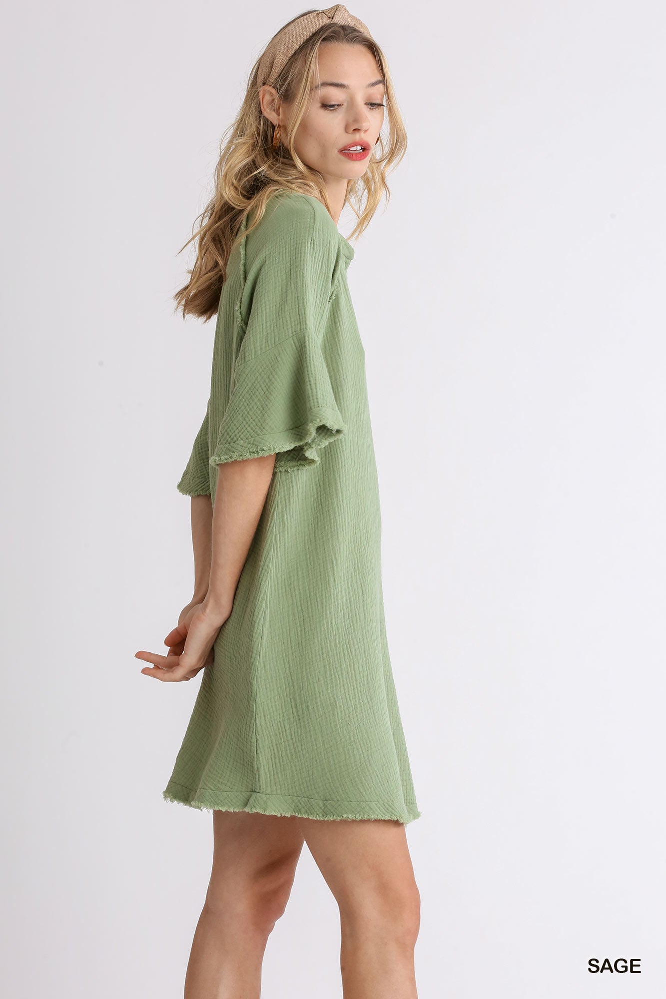 V-Neck Button Front Bell Sleeve Gauze Dress with Frayed Hem