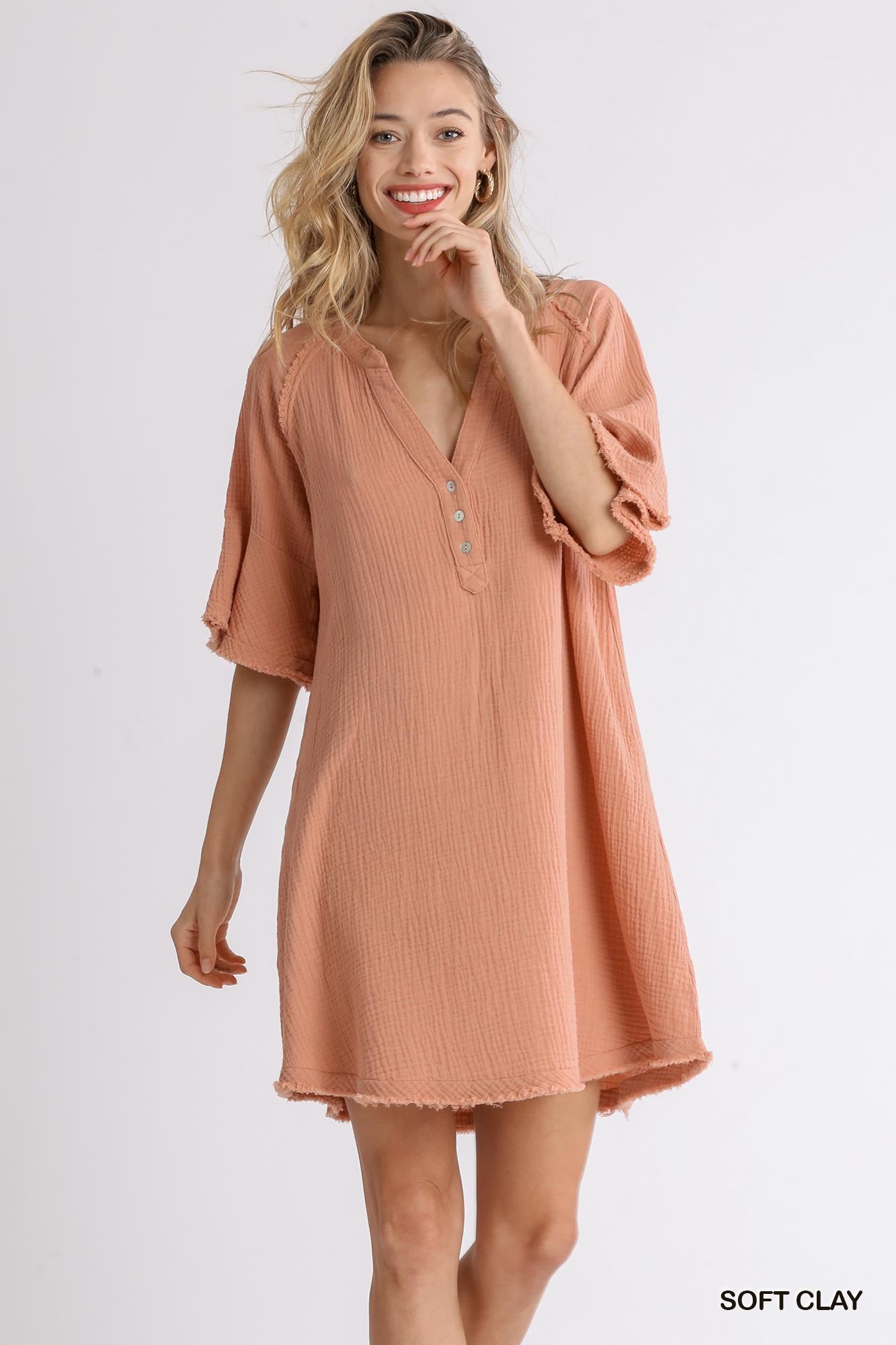 V-Neck Button Front Bell Sleeve Gauze Dress with Frayed Hem