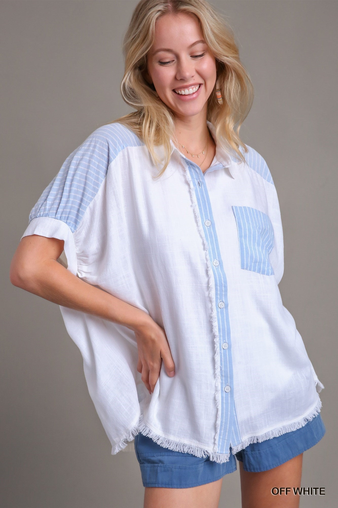 Linen Button Down Stripped Detail Top with Chest Pocket